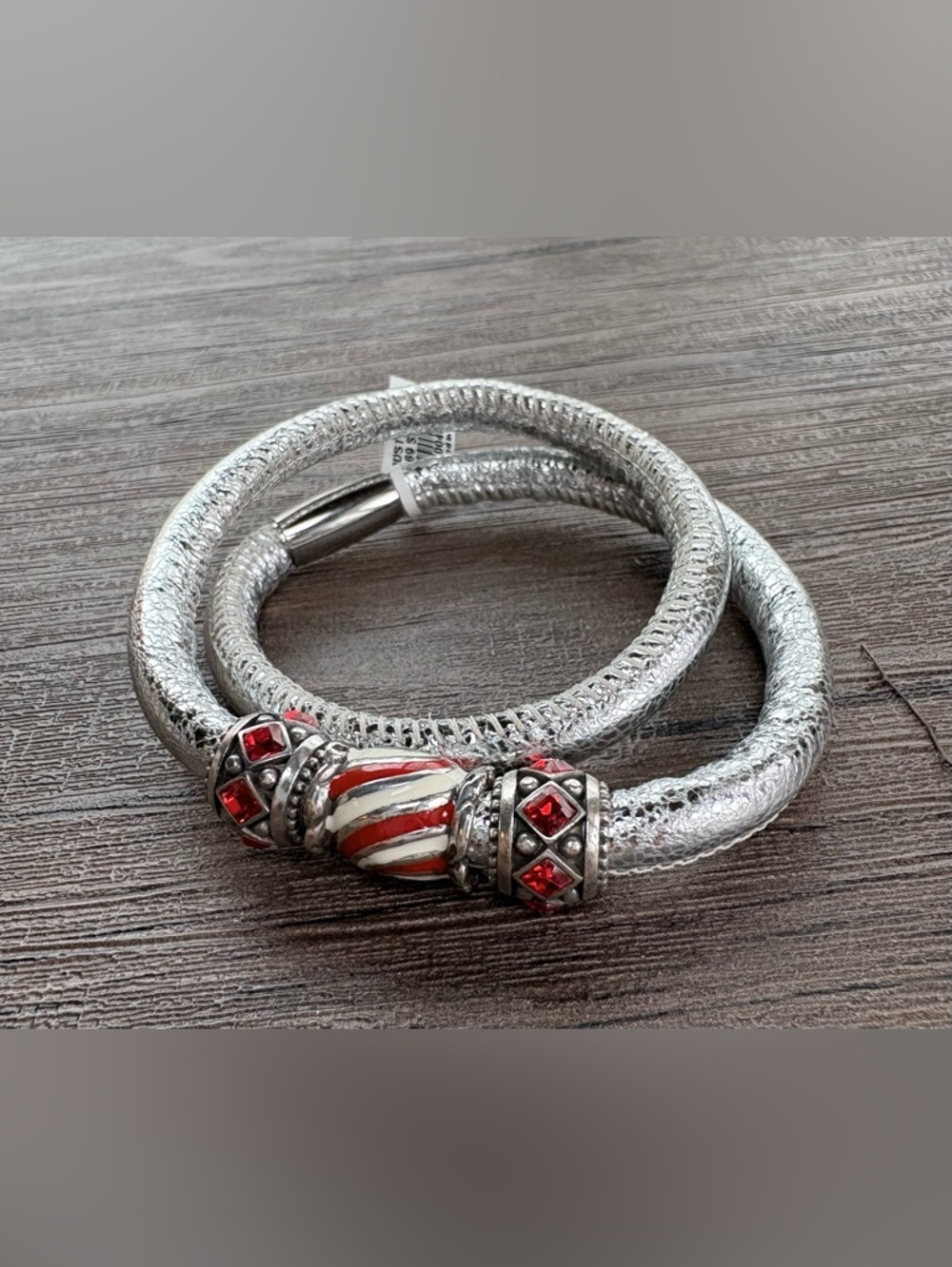 Brighton Woodstock Silver-Tone Coil Bracelet with Red and White Beads